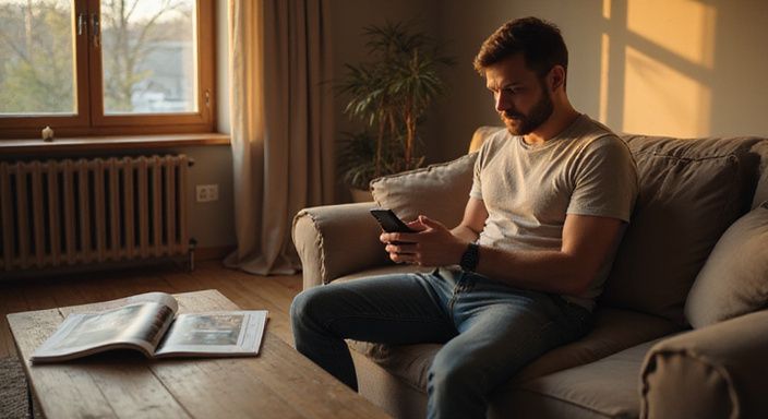 Een man scrollt geconcentreerd op zijn smartphone op een bank en zoekt sexdating in Gelderland.