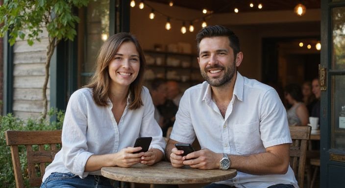 Een vrouw en man delen een intiem moment in een café