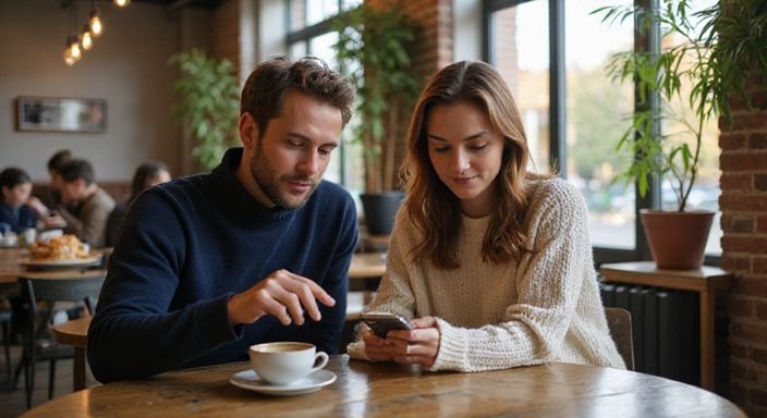 Een man en vrouw uit de jaren dertig bekijken samen een smartphone. Een man en vrouw uit de jaren dertig bekijken samen een smartphone.
