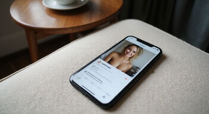 Een smartphone toont een datingprofiel met actieve chat en reviews. Een smartphone toont een datingprofiel met actieve chat en reviews.