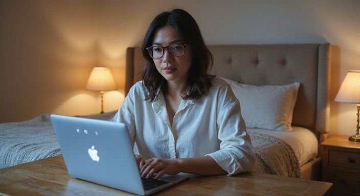 Een vrouw werkt geconcentreerd aan haar laptop aan een houten bureau. Een vrouw werkt geconcentreerd aan haar laptop aan een houten bureau.