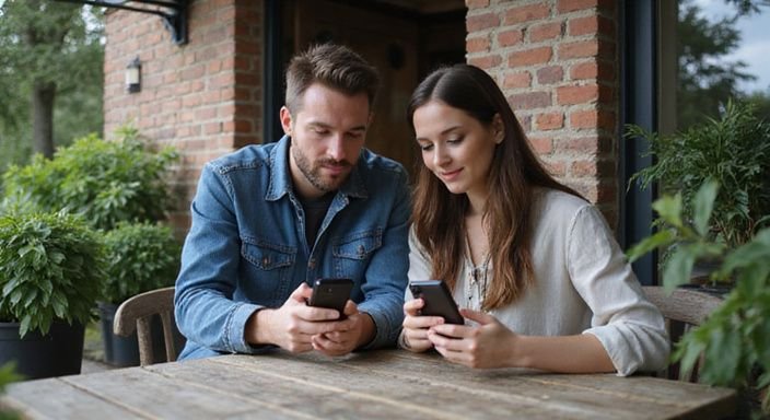 Een jong stel zit buiten aan een houten tafel met smartphones. Een jong stel zit buiten aan een houten tafel met smartphones.