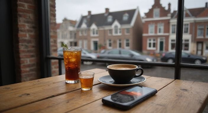 Gezellig café met iced coffee, cappuccino en smartphone op tafel. Gezellig café met iced coffee, cappuccino en smartphone op tafel.