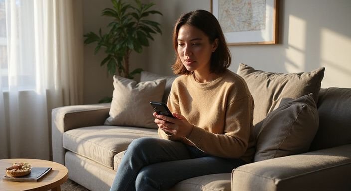 Een vrouw onderzoekt een datingapp op haar smartphone op de bank. Een vrouw onderzoekt een datingapp voor sexdating in Overijssel op haar smartphone op de bank.