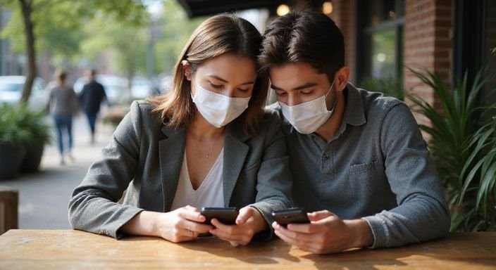 Een koppel in een café, gefocust op hun smartphones. Een koppel in een café, gefocust op hun smartphones.