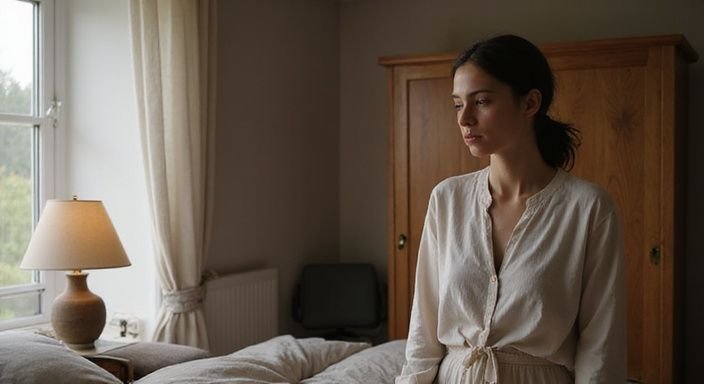 Een vrouw en man delen een intiem moment in een slaapkamer. Een vrouw en man delen een intiem moment in een slaapkamer.