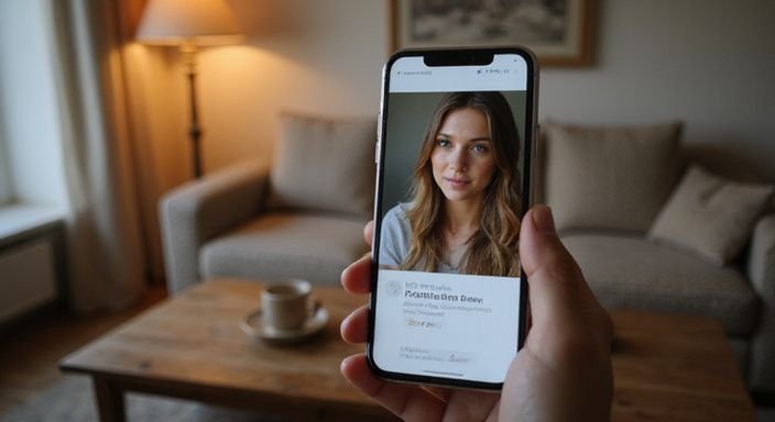 Een smartphone toont het profiel van een vrouw op een datingapp. Een smartphone toont het profiel van een vrouw op een datingapp voor sexdating in Overijssel.