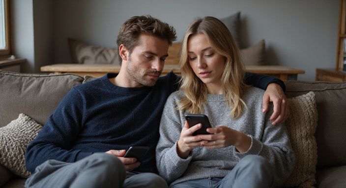 Twee mensen op een sofa, bezig met hun smartphones.