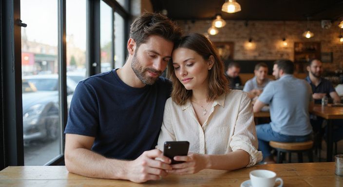 Een stel geniet van een intiem moment in een café.