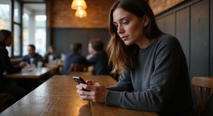 Een vrouw in een café kijkt geconcentreerd naar haar smartphone en zoekt sexdating in Flevoland.