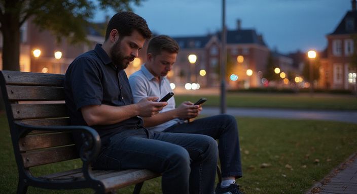 Twee mensen zitten op een houten bank en zoeken op hun telefoons naar sexdating Flevoland.