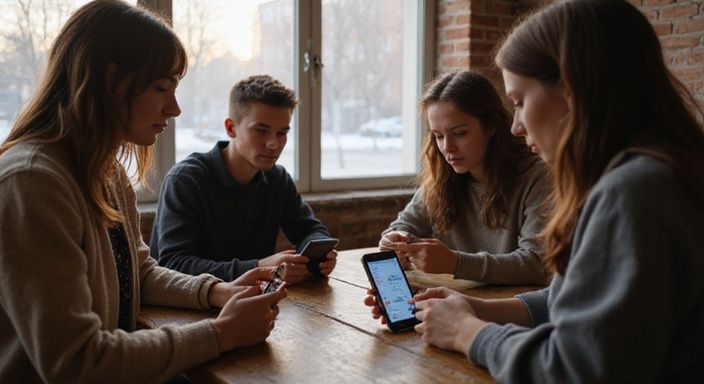 Een groep jonge volwassenen in een café, verdiept in hun smartphones.