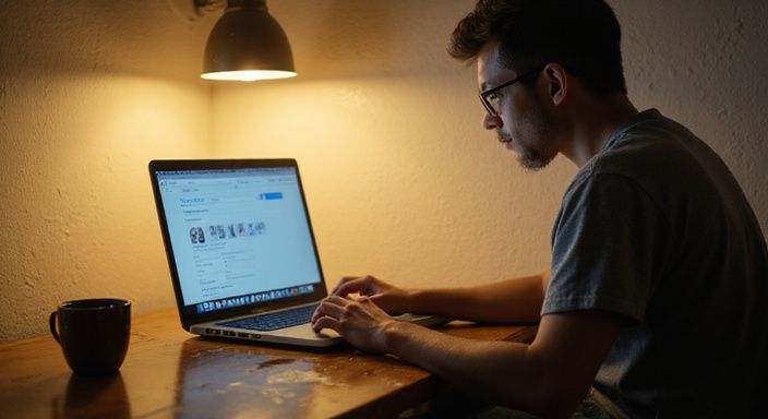 Een persoon zit aan een bureau, gefocust op een laptop.