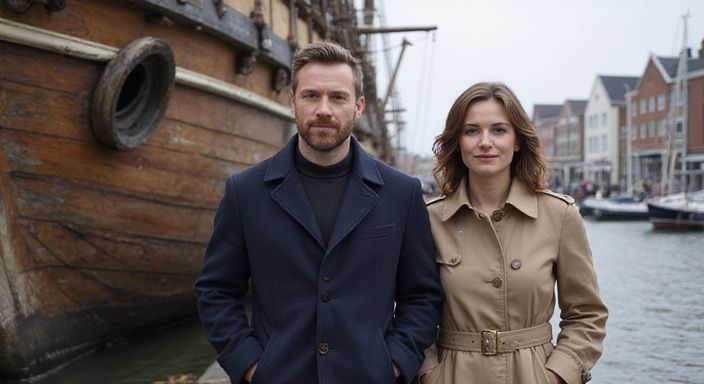 Een man en vrouw wandelen ontspannen langs het scheepvaartmuseum.