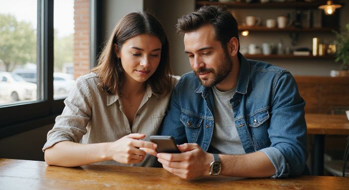 Een vrouw en man bespreken ontspannen een datingapp voor sexdating Flevoland in een koffiehuis.