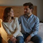 Een man en vrouw delen een intiem moment op een hotelbed