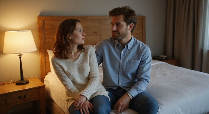 Een man en vrouw delen een intiem moment op een hotelbed tijdens hun sexdating in Flevoland.