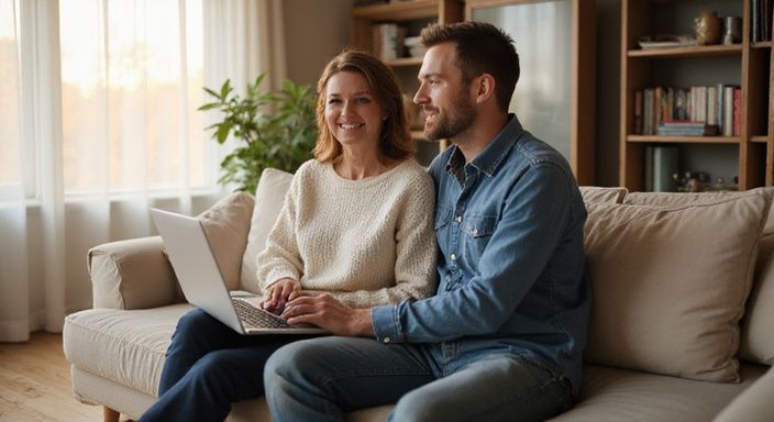 Een stel deelt een intiem moment in hun gezellige woonkamer.
