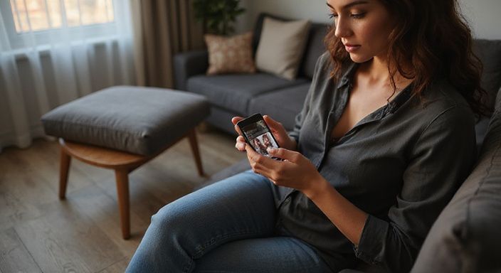 Een vrouw scrollt geconcentreerd op haar smartphone op een bank.