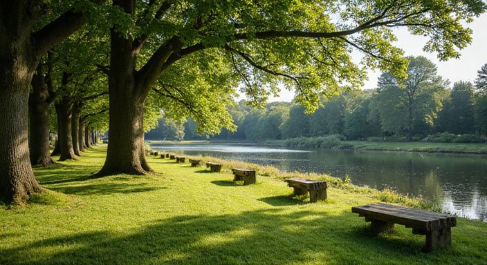 Een serene park met bomen, water en uitnodigende bankjes.