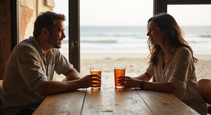 Twee mensen zitten ontspannen en lachend aan een houten tafel. Twee mensen zitten ontspannen en lachend aan een houten tafel.