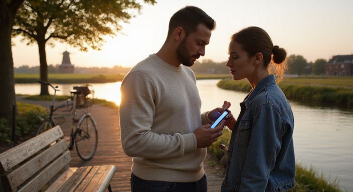 Twee jongeren bekijken samen een smartphone op een houten pier. Twee jongeren bekijken samen een smartphone op een houten pier.