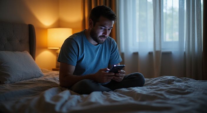 Een man zit alleen op het bed, verdiept in zijn smartphone. Een man zit alleen op het bed, verdiept in zijn smartphone.