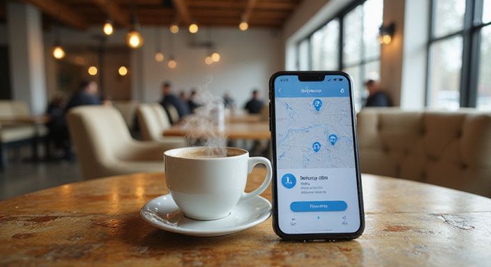 Een smartphone met datingapp en een kop koffie op een cafétafel. Een smartphone met datingapp en een kop koffie op een cafétafel.