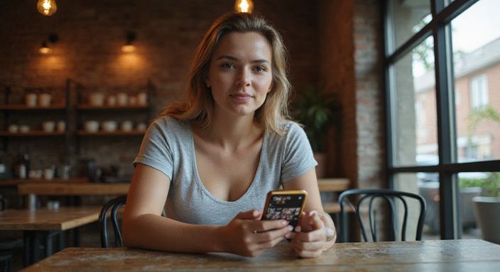 Een vrouw in een café bekijkt een dating-app op haar smartphone. Een vrouw in een café bekijkt een dating-app op haar smartphone.