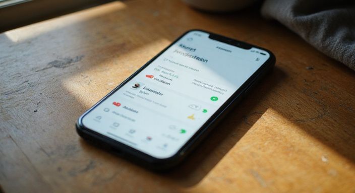 Een smartphone met een datingapp-interface op een houten bureau. Een smartphone met een datingapp voor sexdating in Noord-Holland op een houten bureau.