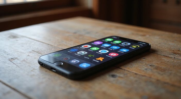 Een smartphone ligt op een verweerd houten tafel met datingapps. Een smartphone ligt op een verweerd houten tafel met datingapps.