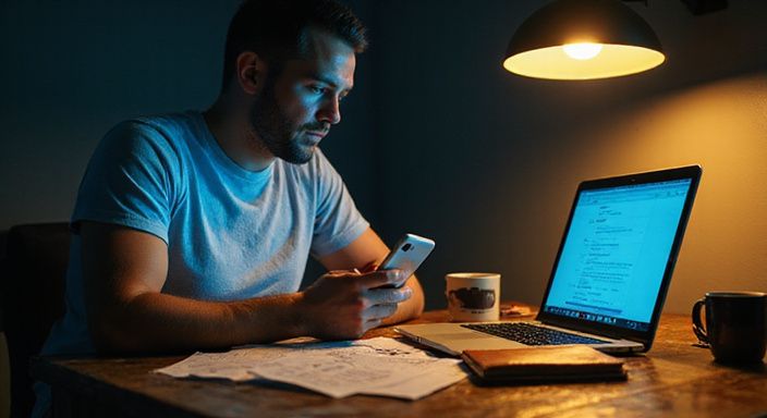 Een man onderzoekt privacyinstellingen van een datingapp in zijn kamer. Een man onderzoekt privacyinstellingen van een datingapp voor sexdating in Noord-Holland in zijn kamer.