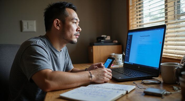 Een man werkt geconcentreerd aan zijn bureau met technische apparatuur. Een man werkt geconcentreerd aan zijn bureau met technische apparatuur.