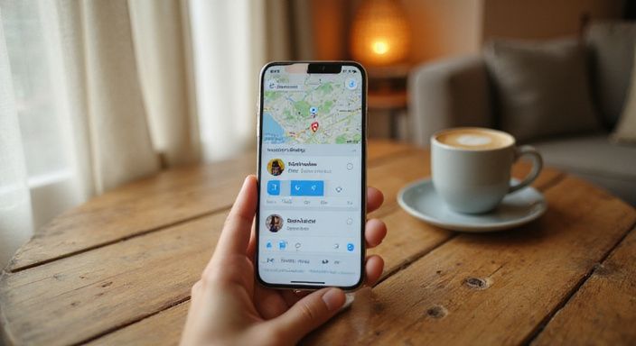 Een smartphone op een houten tafel met een dating-app interface. Een smartphone op een houten tafel met een dating-app interface.