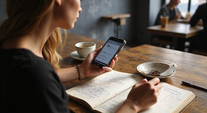 Een vrouw overdenkt haar datingcriteria met een notitieboekje en smartphone. Een vrouw overdenkt haar datingcriteria voor sexdating in Noord-Holland met een notitieboekje en smartphone.