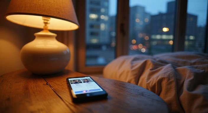 Een smartphone met een datingapp ligt op een houten tafel. Een smartphone met een datingapp voor sexdating in Groningen ligt op een houten tafel.