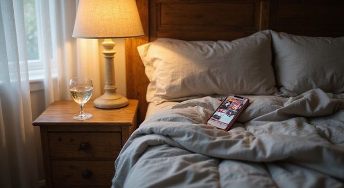 Sfeervol slaapkamerinterieur met een smartphone, wijn en onopgemaakt bed. Sfeervol slaapkamerinterieur met een smartphone, wijn en onopgemaakt bed.