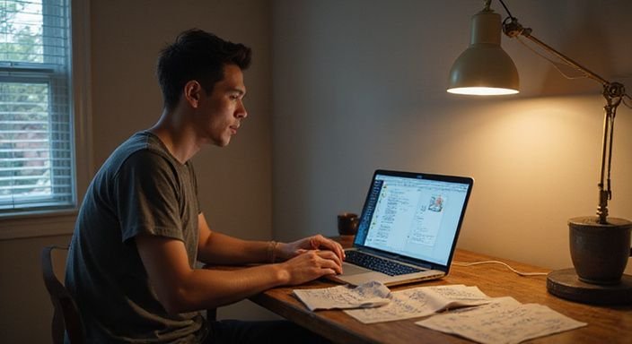 Een jonge volwassene zit geconcentreerd achter een bureau met een laptop. Een jonge volwassene zit geconcentreerd achter een bureau met een laptop en zoekt naar sexdating in Groningen.