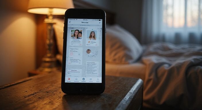 Een smartphone met een dating-app op een houten nachtkastje. Een smartphone met een dating-app voor sexdating in Groningen op een houten nachtkastje.