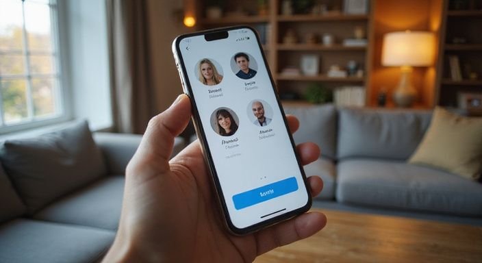 Een smartphone toont een dating-app in een woonkameromgeving. Een smartphone toont een dating-app voor sexdating in Groningen in een woonkameromgeving.
