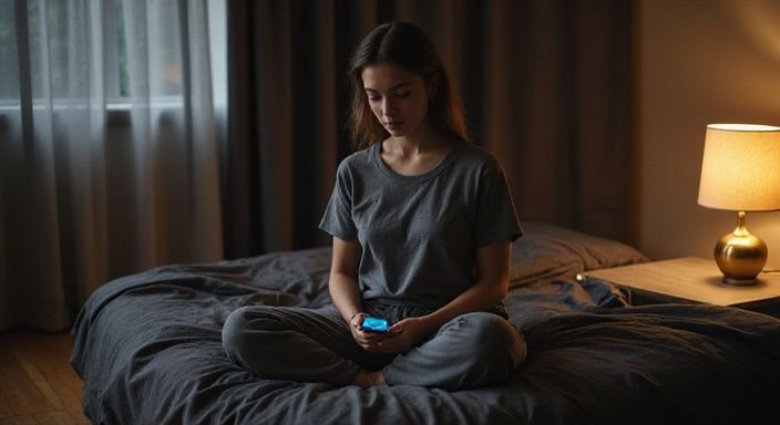 Een vrouw zit nadenkend op een bed met een smartphone. Een vrouw zit nadenkend op een bed met een smartphone.
