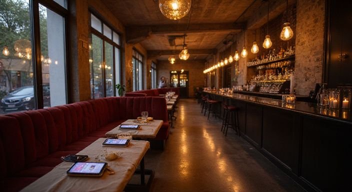 Een intieme, moderne nachtclub met diepe bordeauxrode stoffen en elegante meubels. Een intieme, moderne nachtclub met diepe bordeauxrode stoffen en elegante meubels.