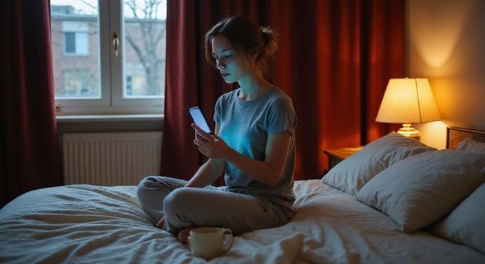 Een vrouw zit op een bed en kijkt aandachtig naar haar smartphone. Een vrouw zit op een bed en kijkt aandachtig naar haar smartphone.