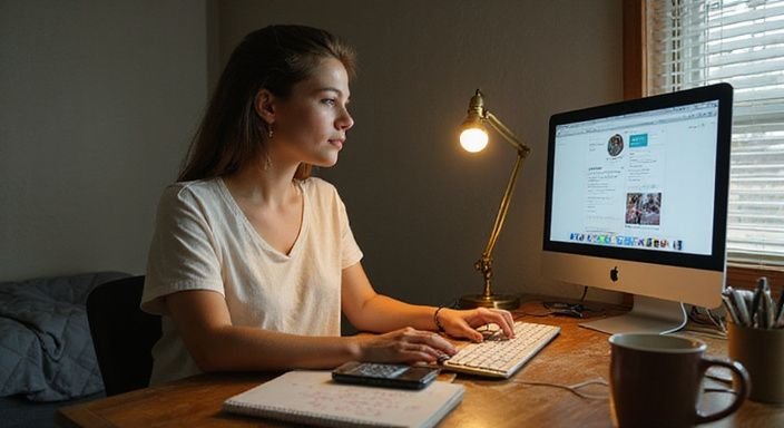 Een vrouw zit moe en nadenkend achter een rommelig bureau. Een vrouw zit moe en nadenkend achter een rommelig bureau.
