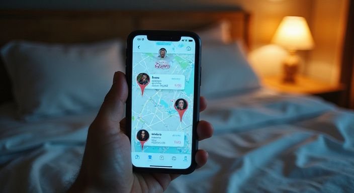 Een smartphone toont een datingapp in een slaapkameromgeving. Een smartphone toont een datingapp in een slaapkameromgeving.