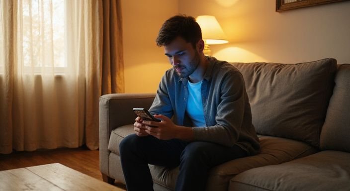 Een persoon kijkt geconcentreerd naar een dating-app op hun smartphone. Een persoon kijkt geconcentreerd naar een dating-app op hun smartphone.