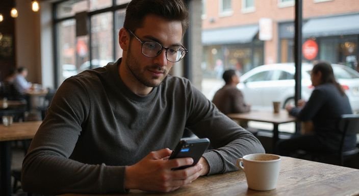 Een persoon kijkt geconcentreerd naar een datingapp in een koffiehuis. Een persoon kijkt geconcentreerd naar een datingapp in een koffiehuis.