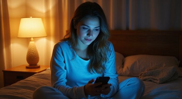 Een vrouw in loungewear kijkt nadenkend naar haar smartphone. Een vrouw in loungewear kijkt nadenkend naar haar smartphone.