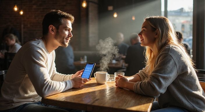 Twee volwassenen delen een intiem gesprek in een café. Twee volwassenen delen een intiem gesprek in een café.