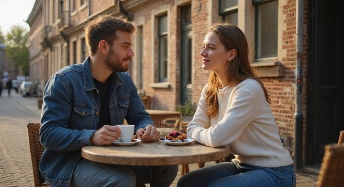 Twee vrienden genieten van koffie en gebak in een historisch café. Twee vrienden genieten van koffie en gebak in een historisch café.